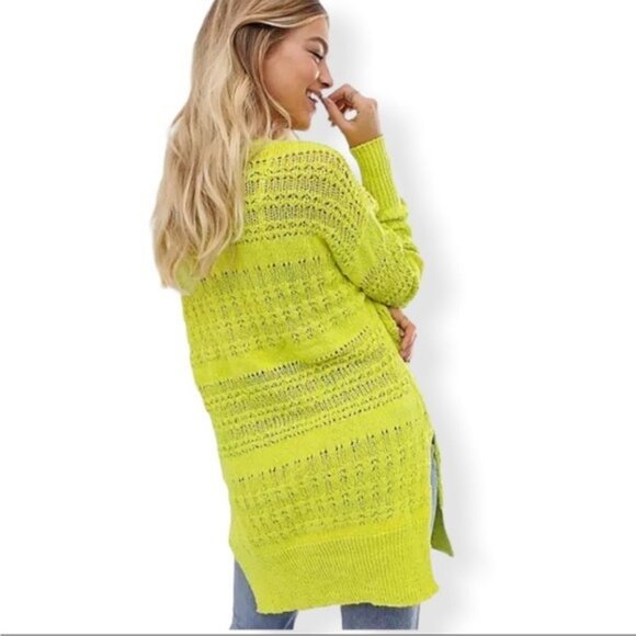 FREE PEOPLE Hot Tropics Open Knit Sweater Limelight Combo- Medium NWT - Picture 8 of 8